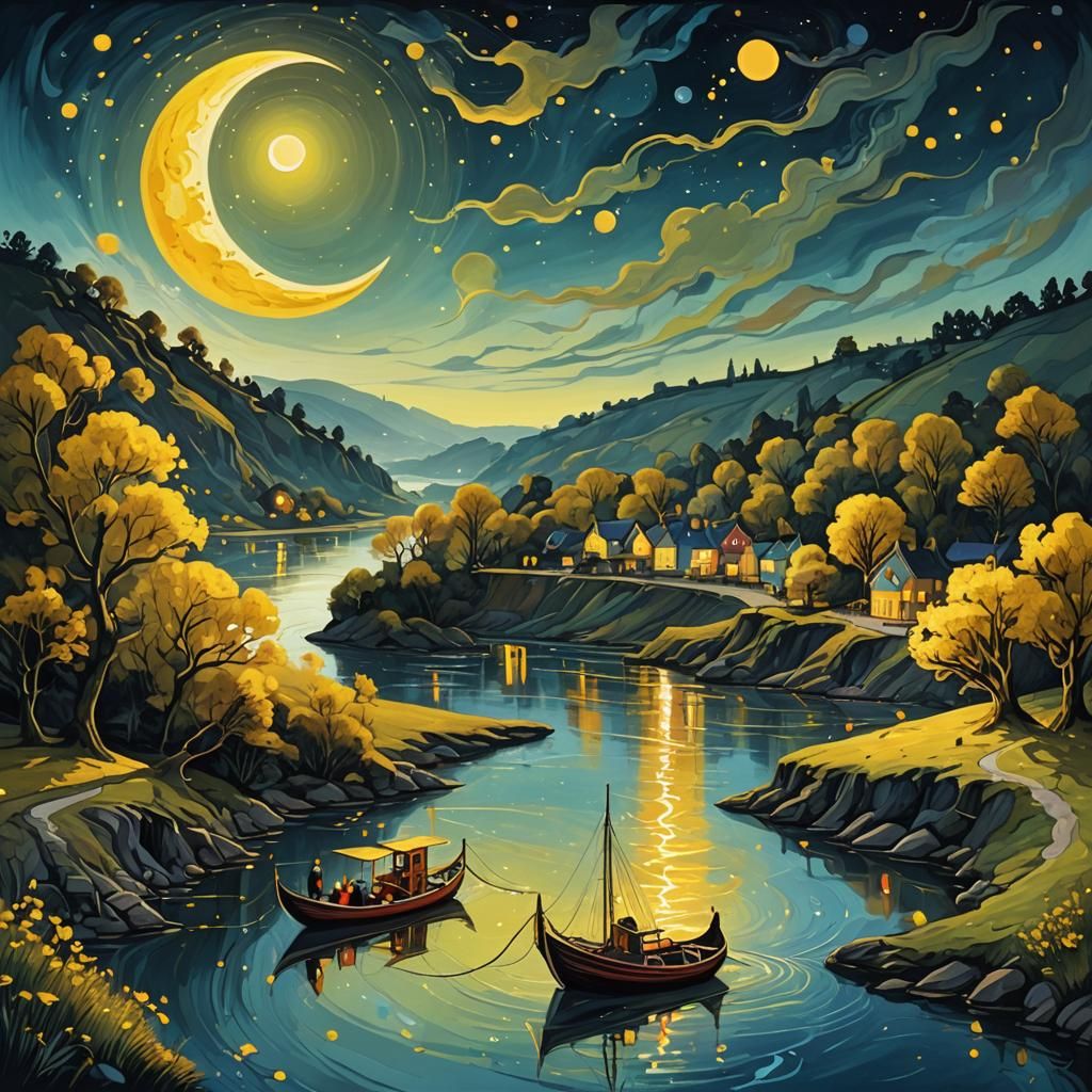 Magical Moon River: Surreal Digital Illustration
