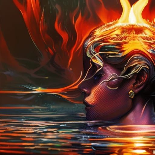 Underwater Fire Goddess Portrait in Art Nouveau Style