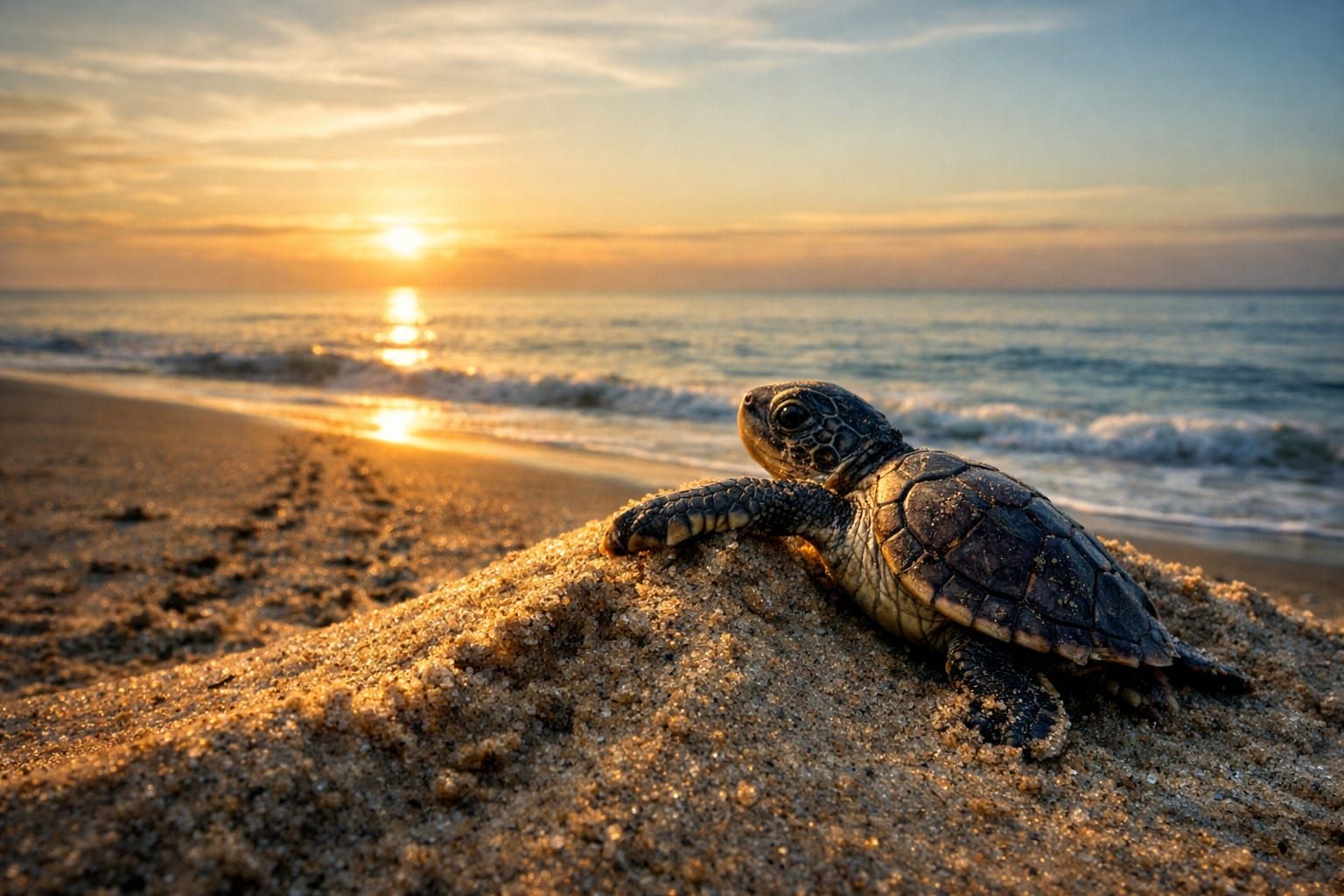 Turtle Emerges on Dune at Golden Sunrise