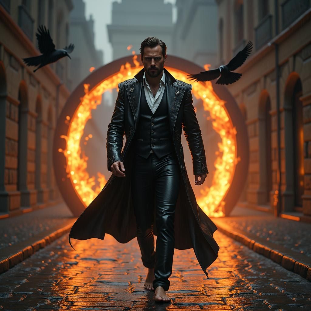 Auburn-Bearded Man Emerges from Fiery Portal