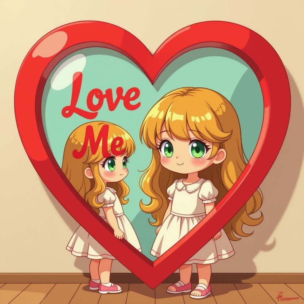 Girl Before Heart Mirror in Pop Art Style