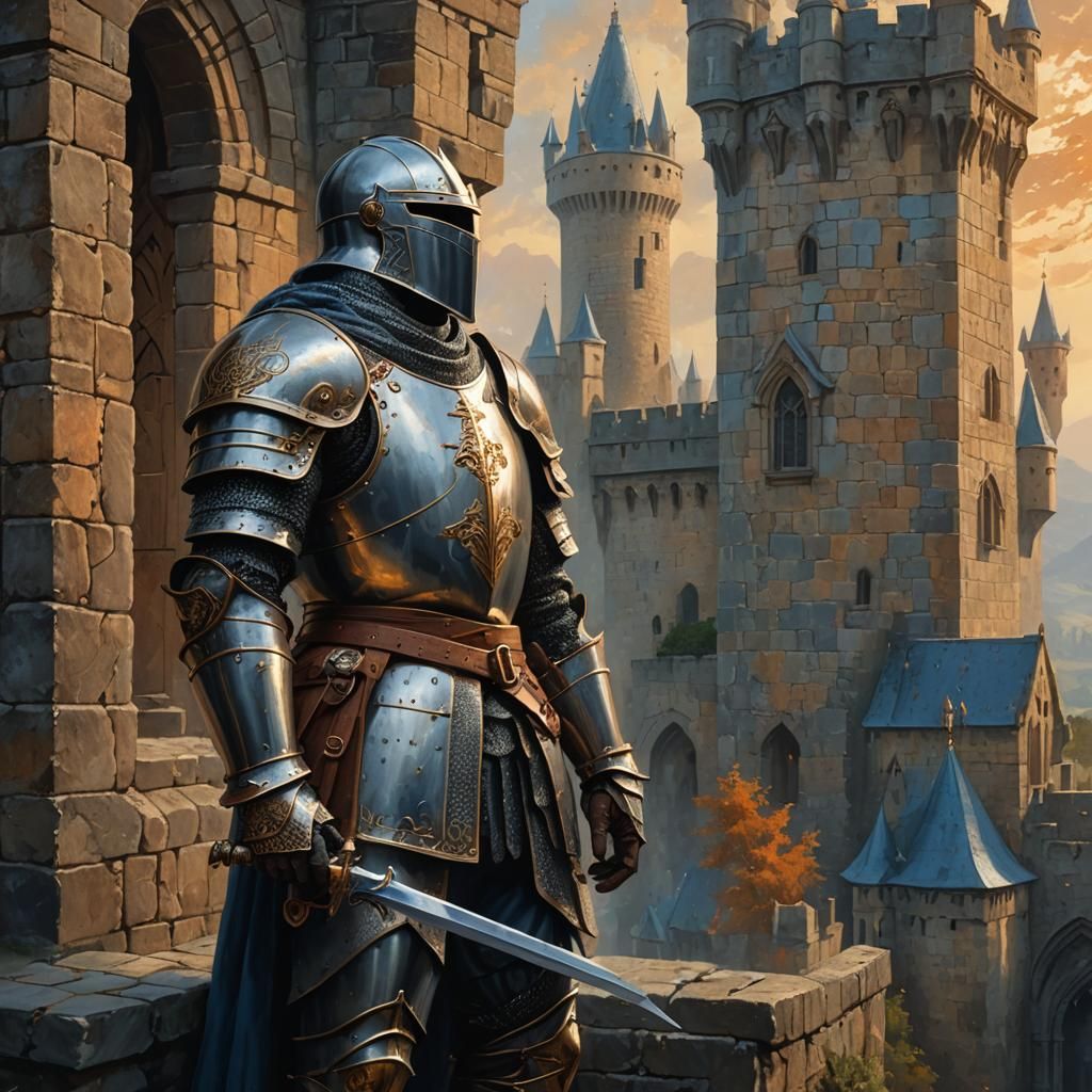 Medieval Knight on Castle Battlements in Oil Painting Style