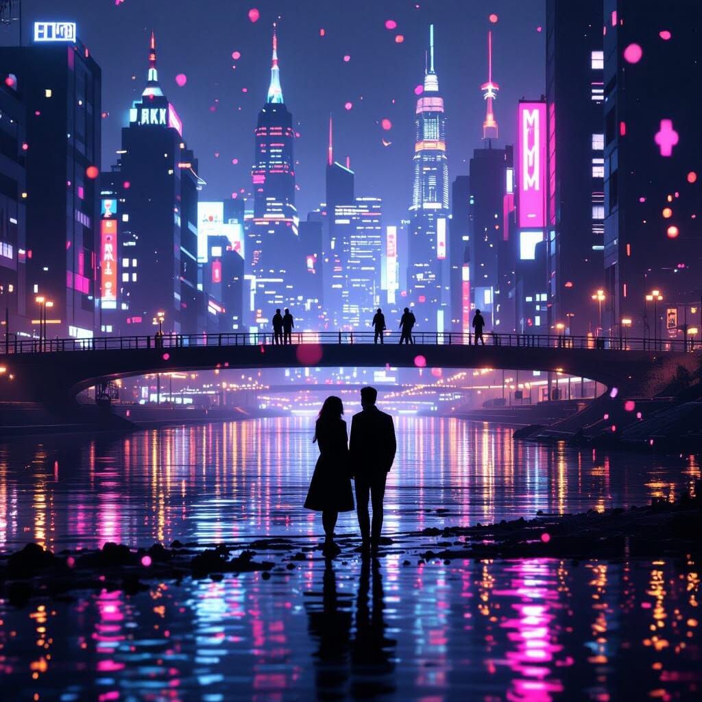 Futuristic Cityscape at Night with Neon Reflections