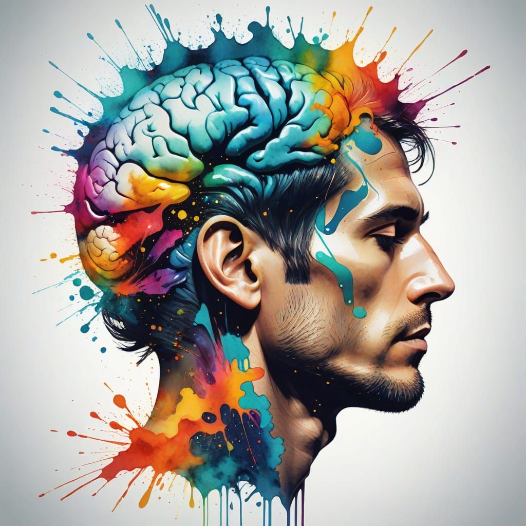 Cosmic Brain: Double Exposure Portrait in Watercolor Style