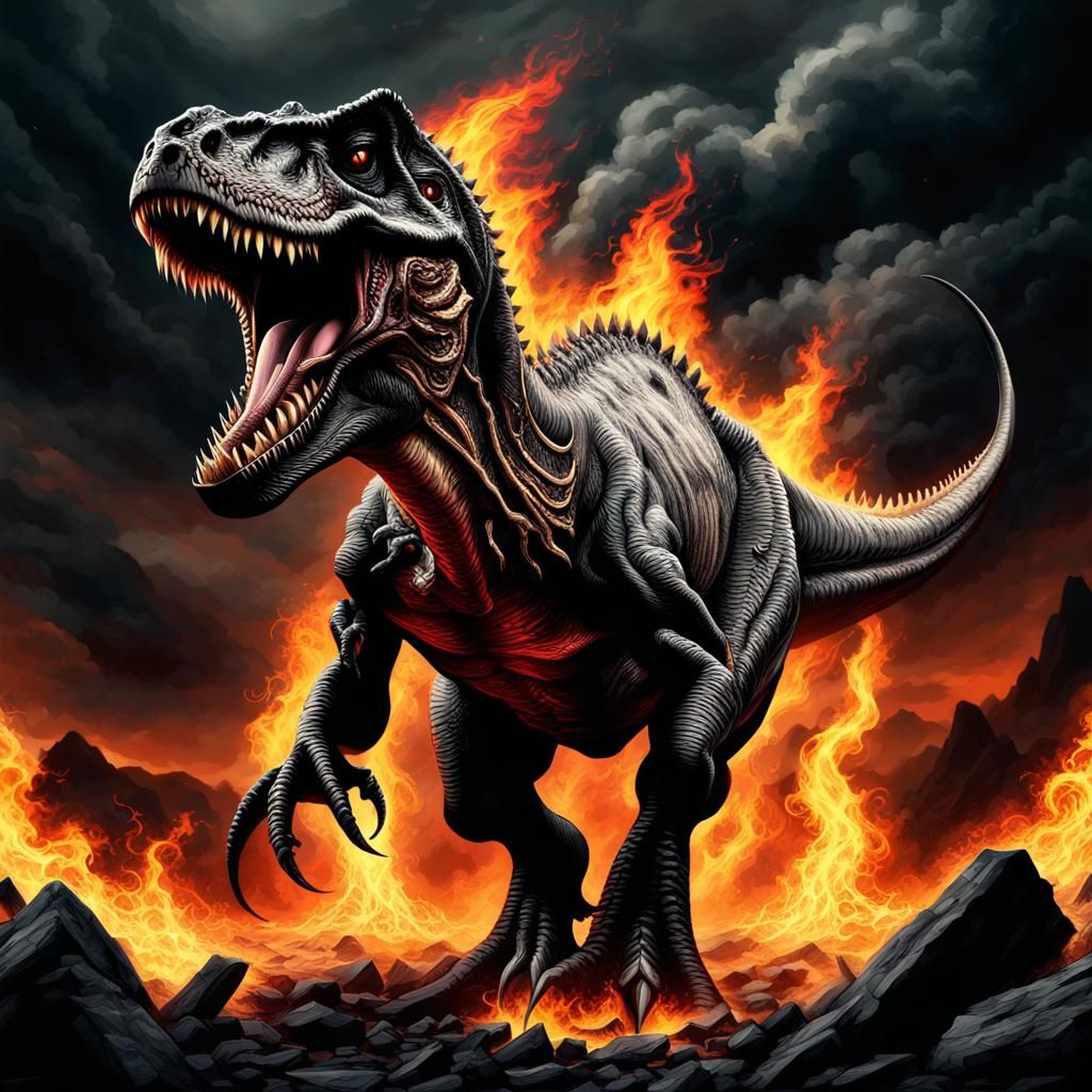 Demonic Black T-Rex Engulfed in Hellfire