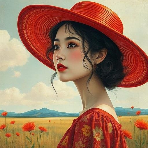 Pop Art Woman in Red Hat, Graphic Novel Style