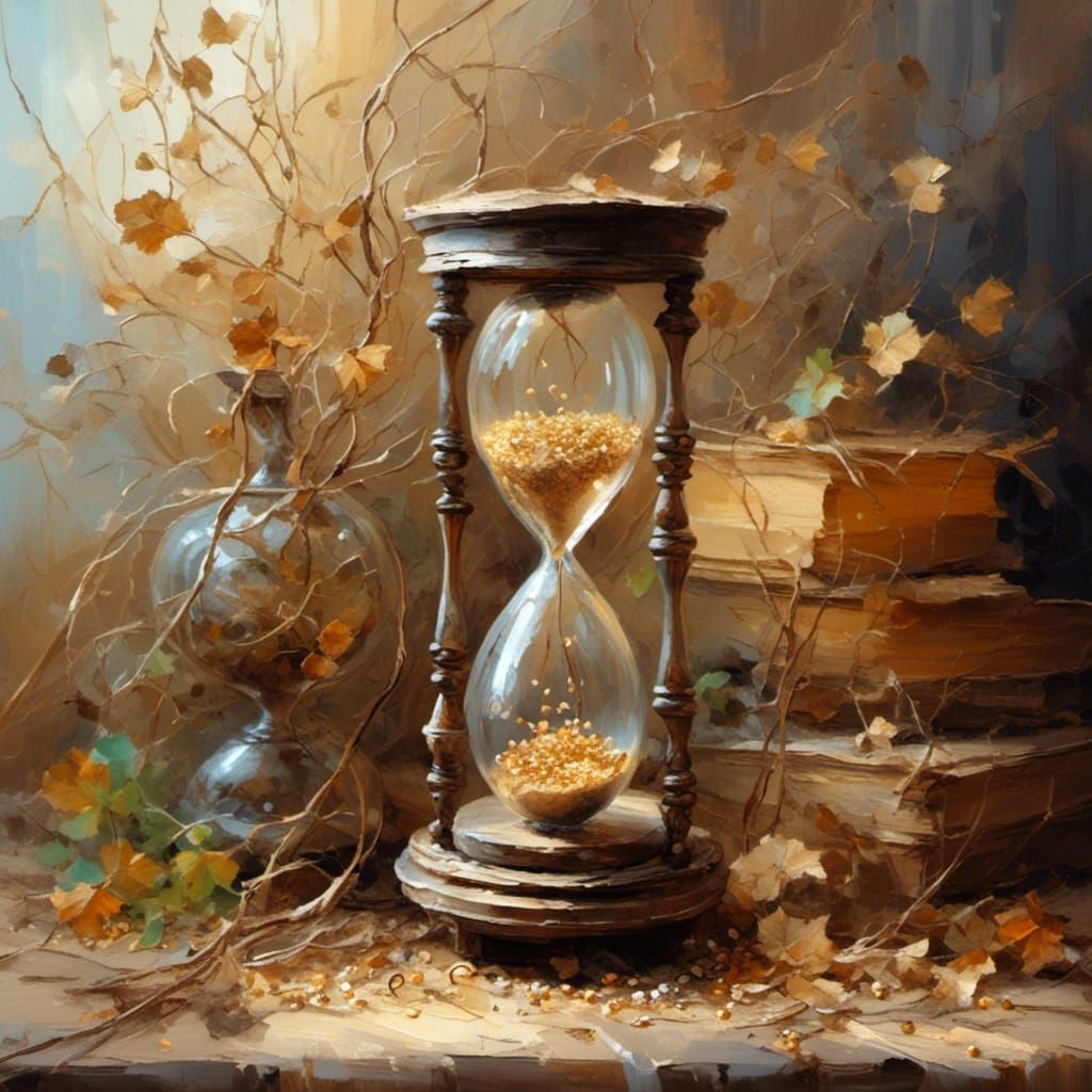 Hourglass Still Life with Vines, an Oil Painting