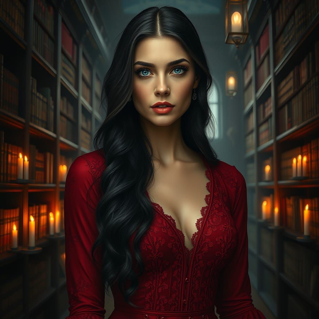 Ornate Library Portrait in Hyper-Realistic Style