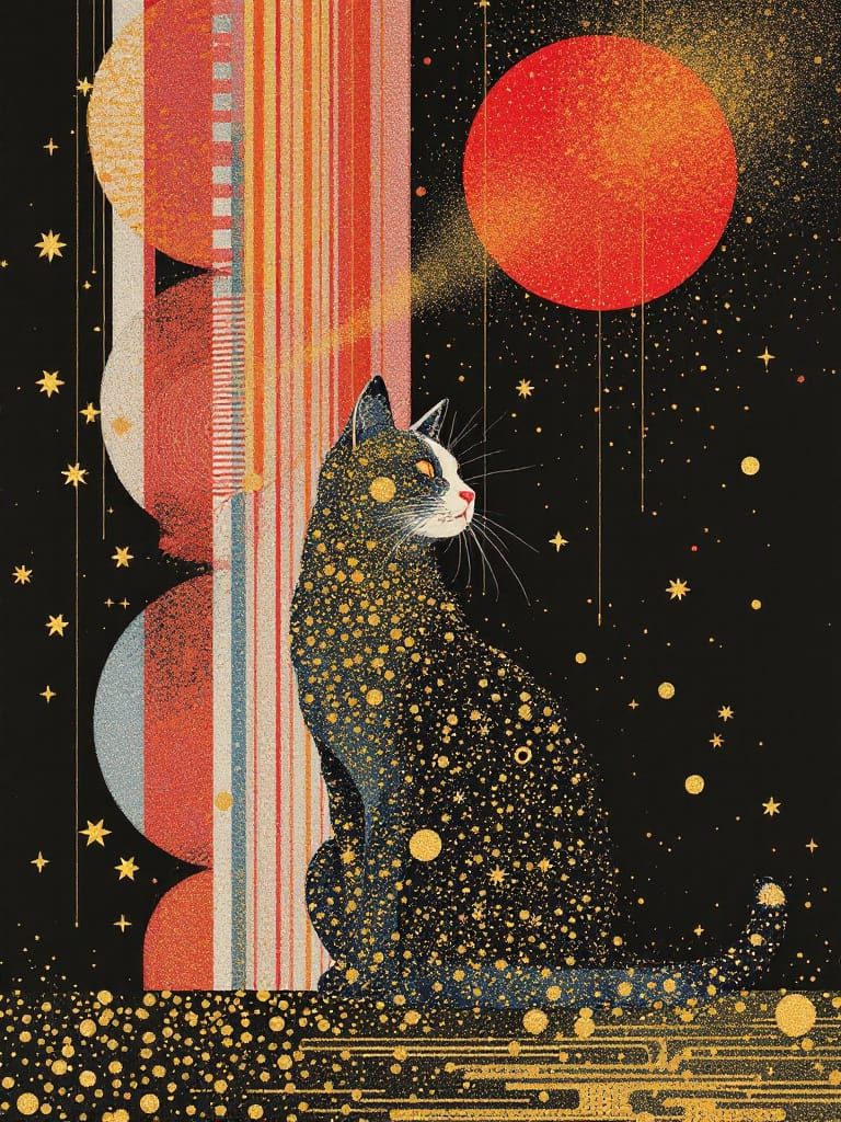 Atomic Age Glamour Cat in Psychedelic Style