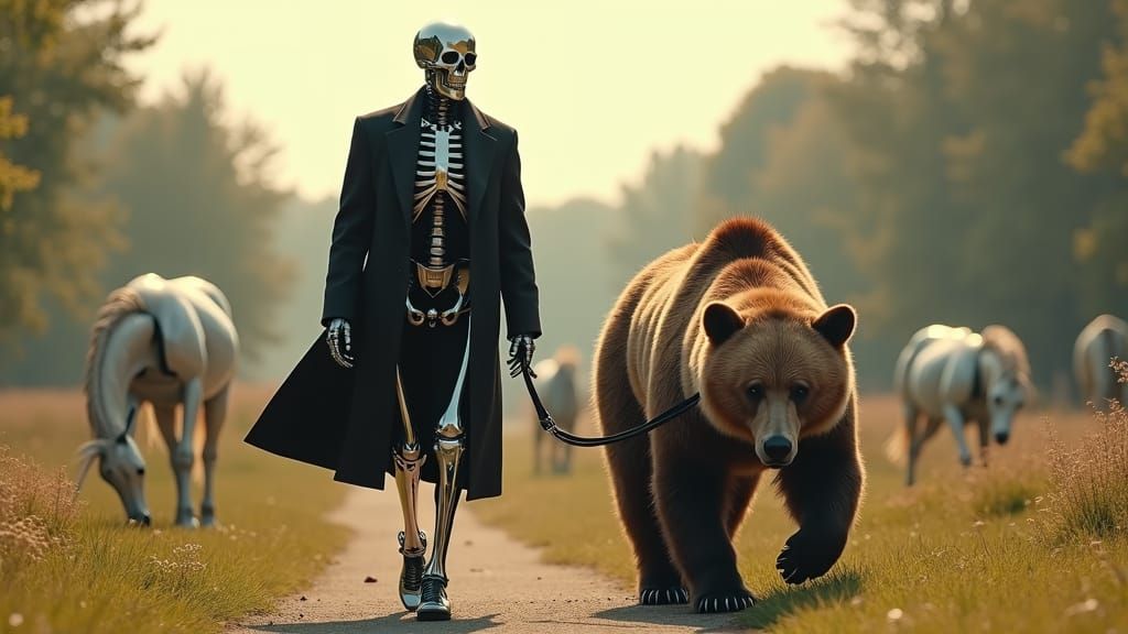 Chrome Skeleton Walking Bear in Futuristic Park