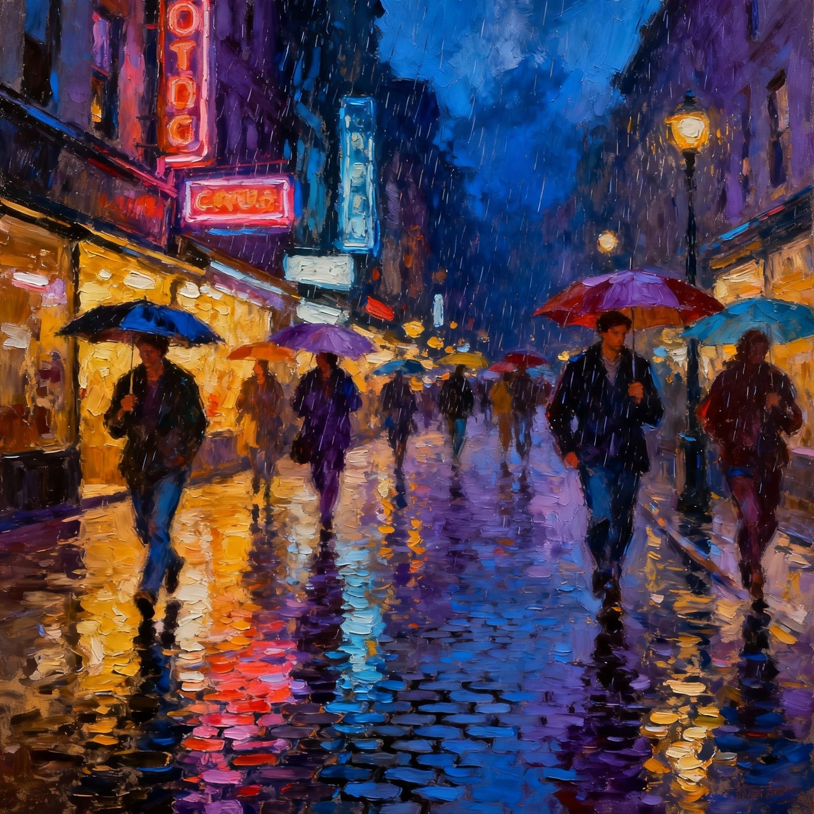 Monsoon City Street Night Oil Painting