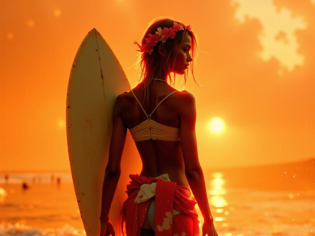 Victorious Surfer Girl in Sepia Tones