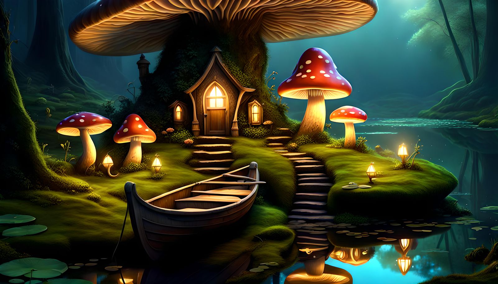 Enchanted Mushroom Village in Bioluminescent Forest