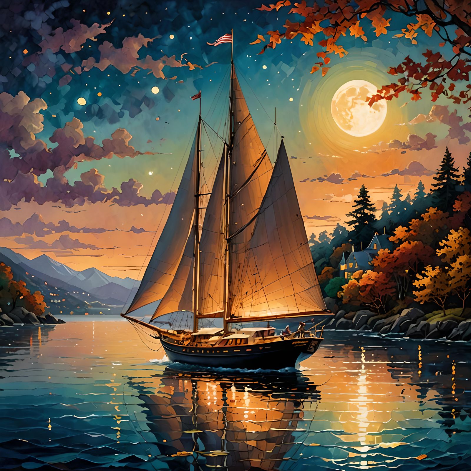 Sailboat at Sunset in Fantasy Art Style