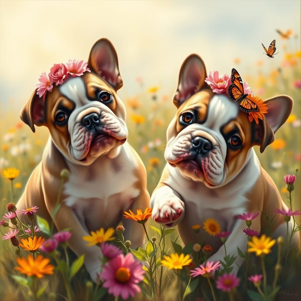 Bulldog Puppies in Flower Crowns, Oil Painting