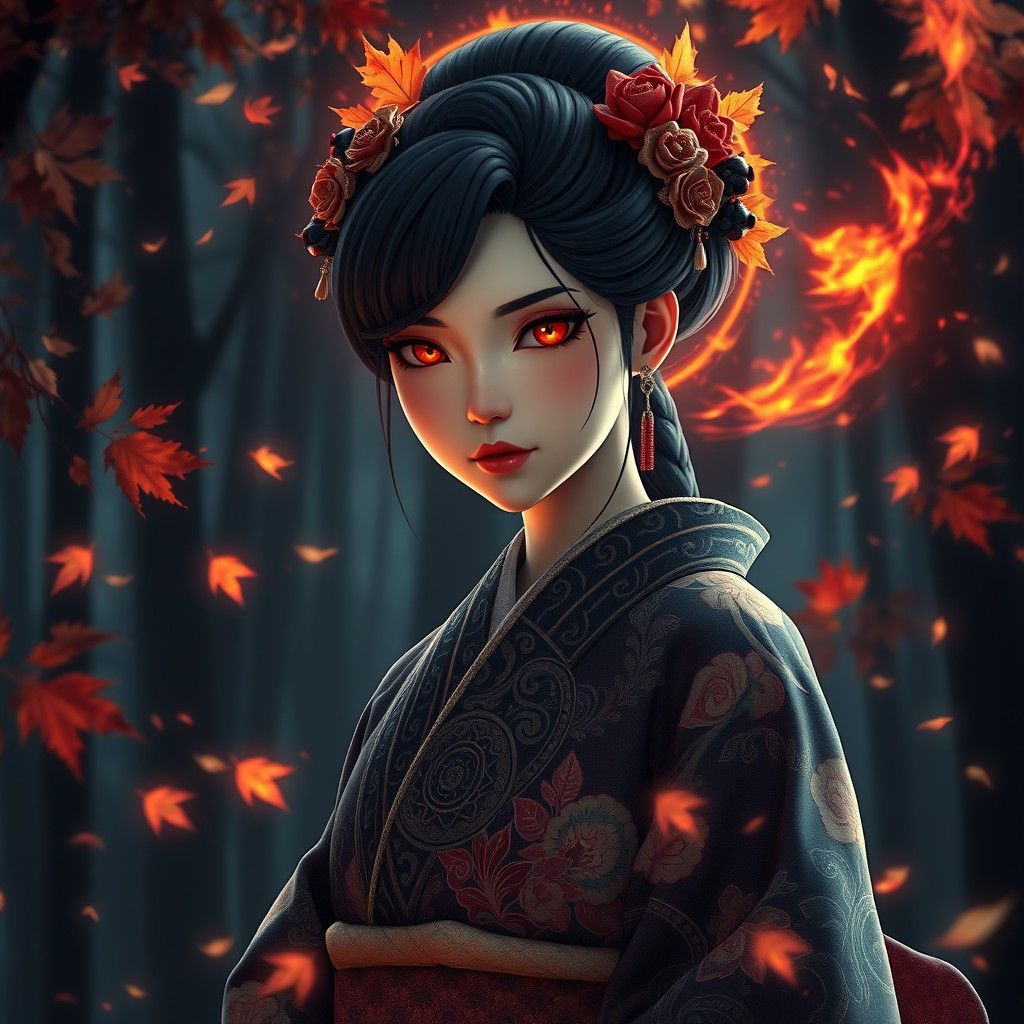 Ukiyo-e Kimono Character in Autumn Forest