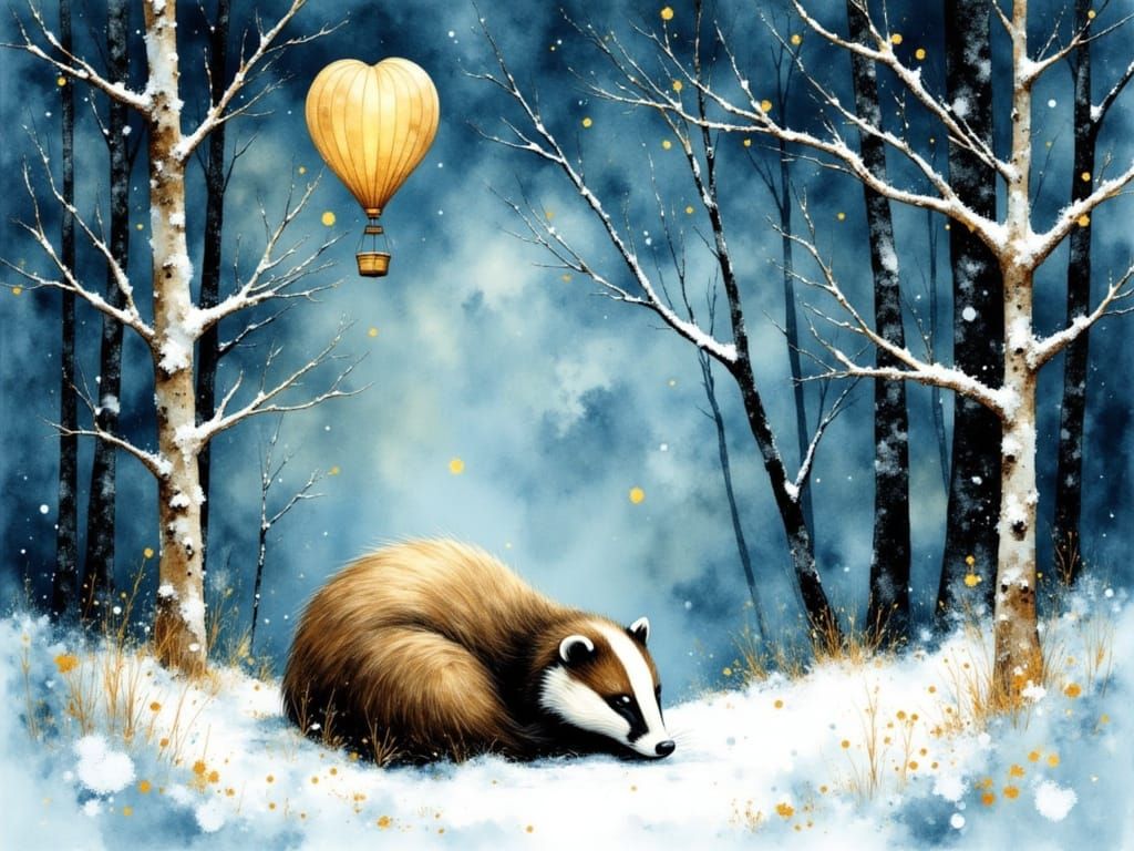 Winter Forest Badger Beneath Hot Air Balloon