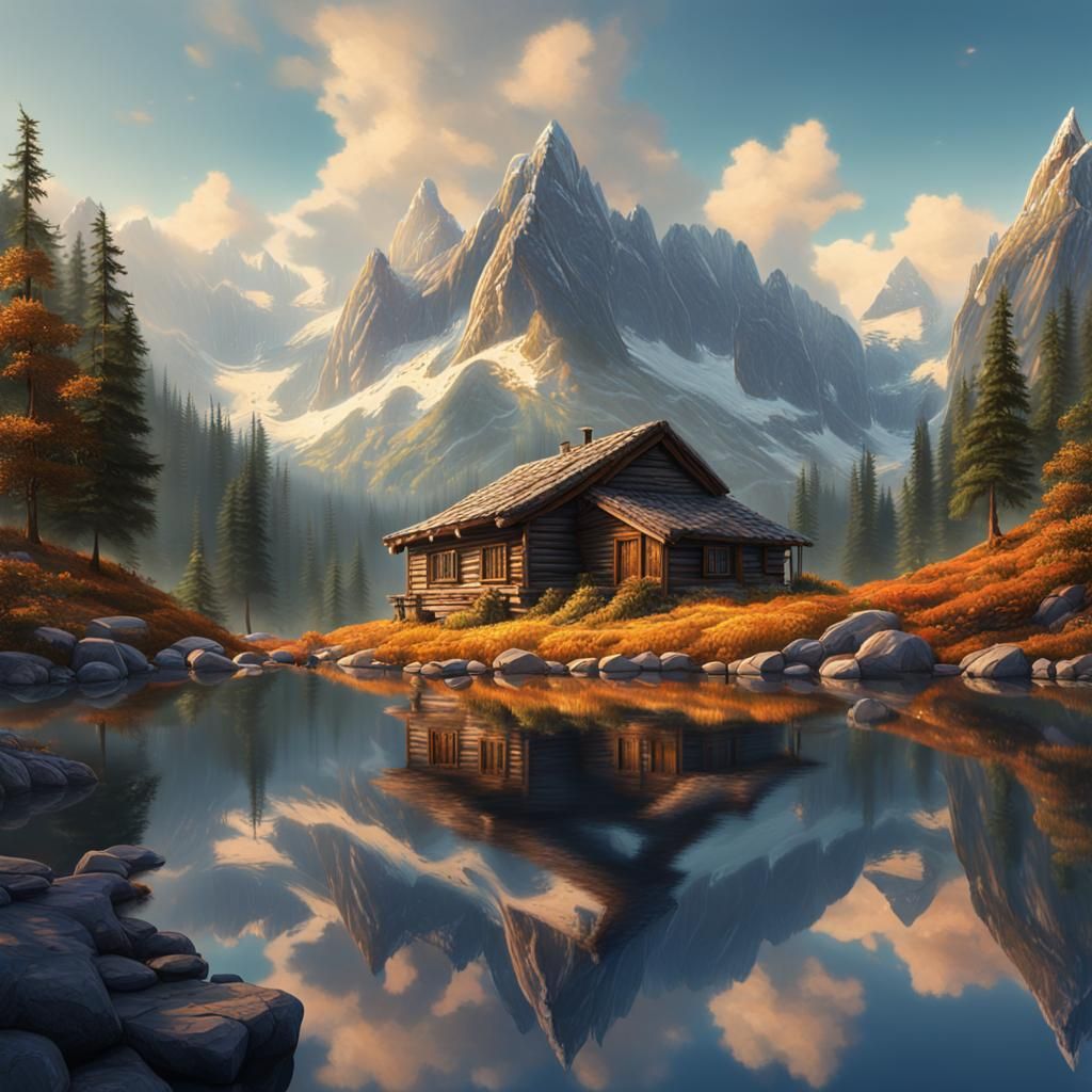 Mountain Lake Cabin in Detailed Oil Painting