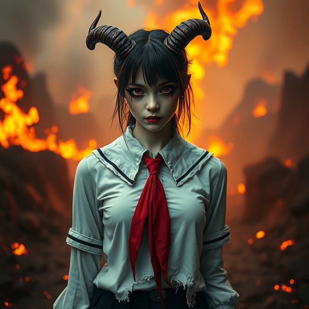 Surreal Demon Schoolgirl Ignites Hellish Flames in Dark Goth...