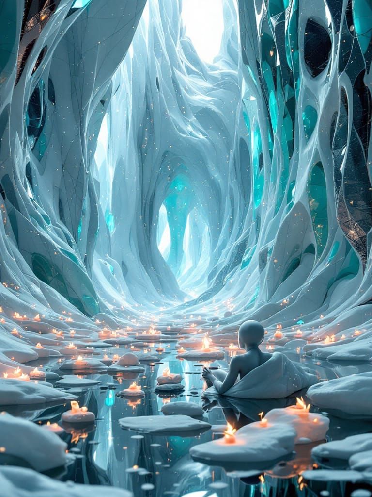 Whimsical Humanoid Figures in Reflective Dreamscape