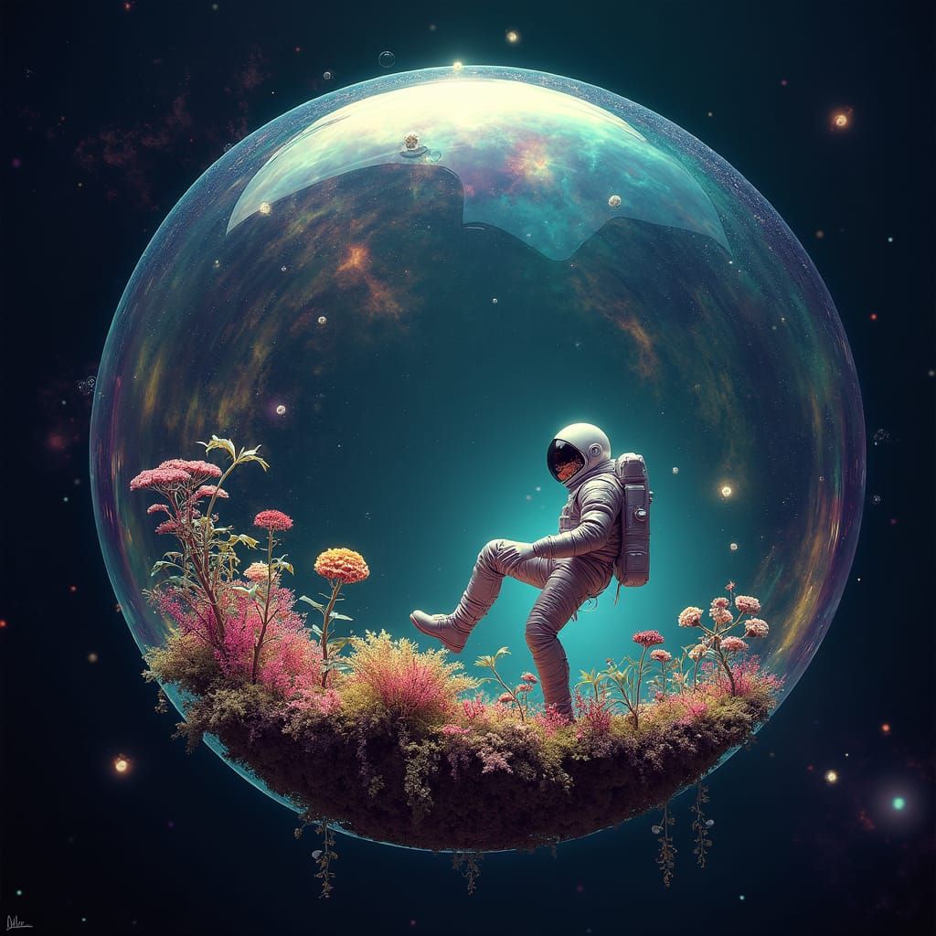Astronaut in Iridescent Bubble Amidst Cosmic Garden