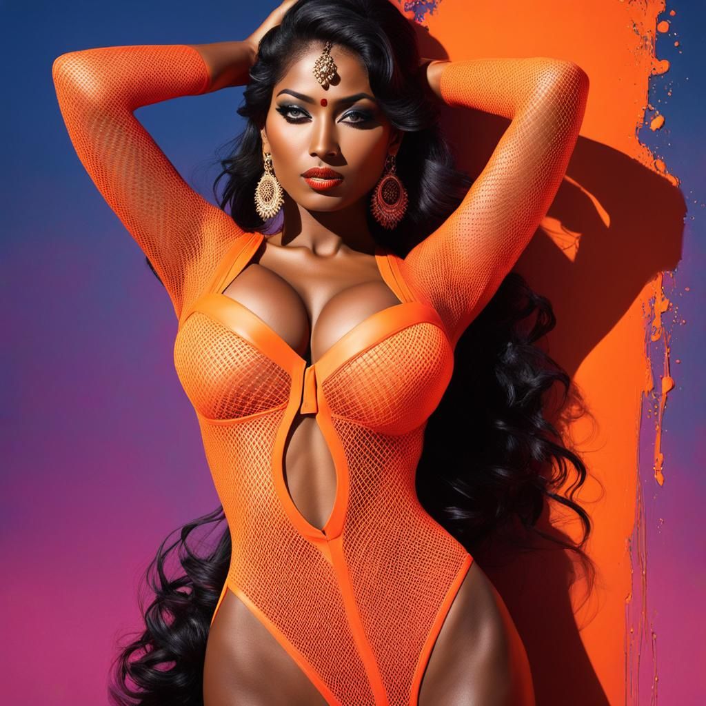 Colorful Graffiti Art of Indian Housemaid in Orange