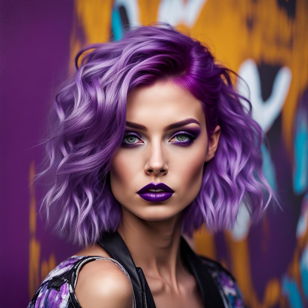 Beautiful Model Portrait with Purple Hair in Graffiti Art