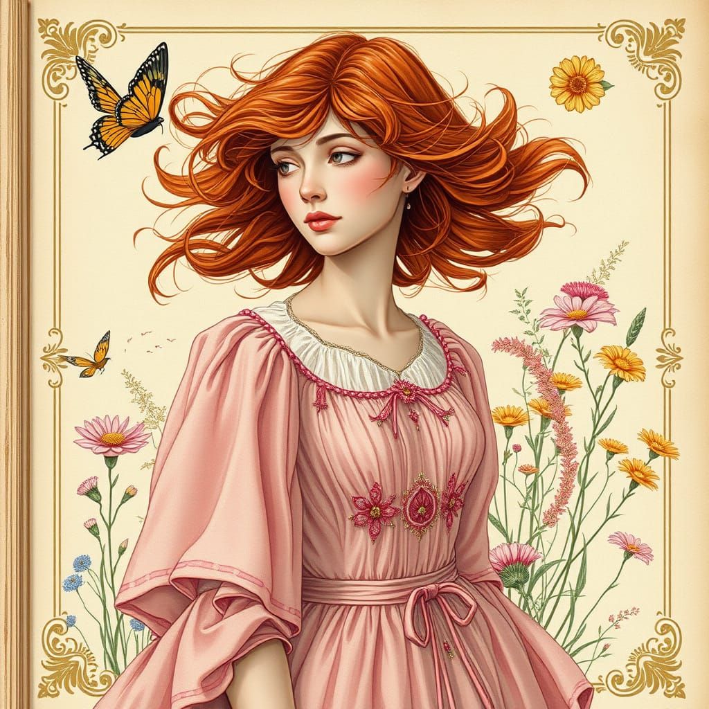 Rouge-Haired Enchantress Emerges from Floral Book