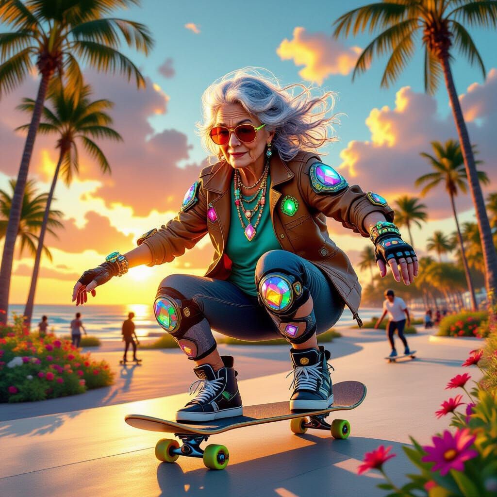 Woman Skateboarding at Sunset in Art Nouveau Style