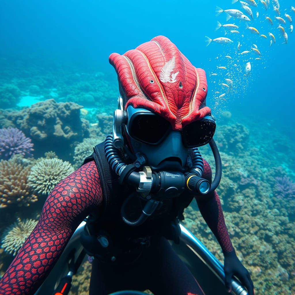 Alien Explores Great Barrier Reef in Futuristic Gear