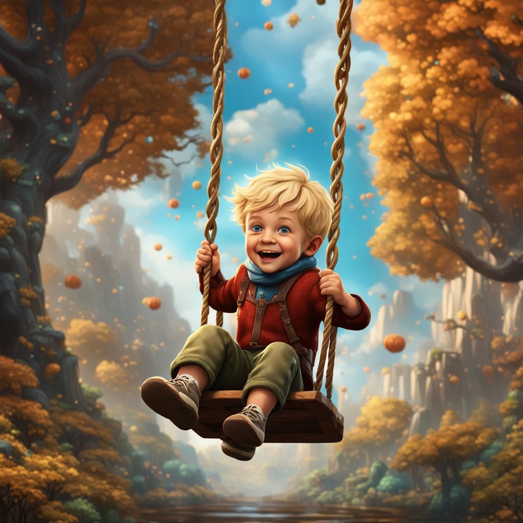 Happy Blonde Toddler Swinging: Fantasy Concept Art