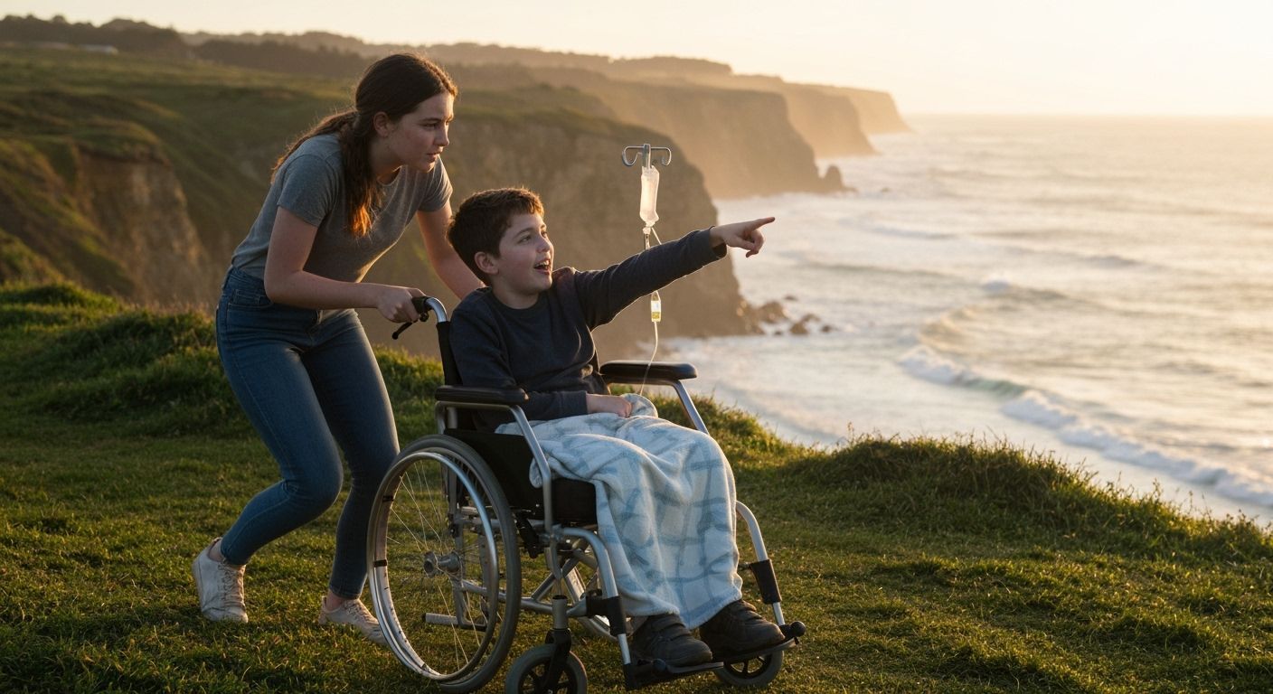 Teenagers Share Sunset Moment on Coastal Cliff