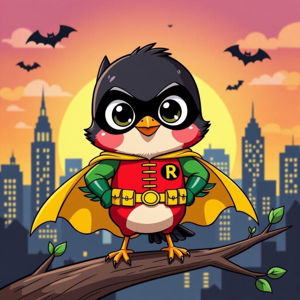 Chibi Robin Bird as Superhero in Anime Style