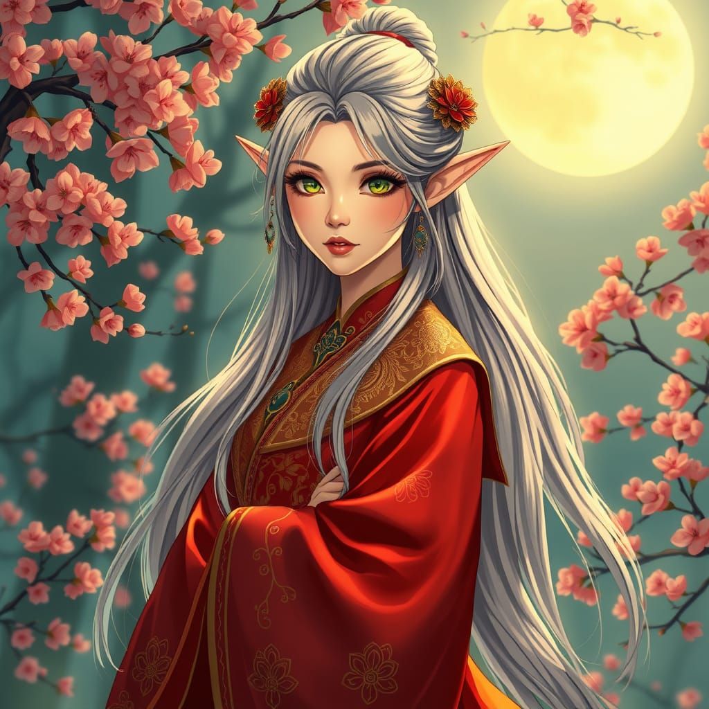 Majestic Chinese Elf in Golden Silk Attire