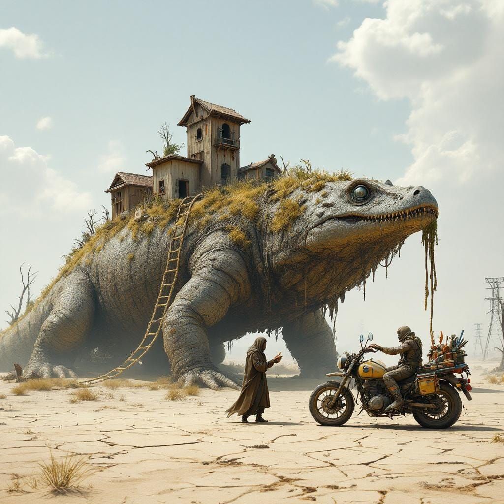 Surreal Post-Apocalyptic Desert Scene with Colossal Reptile