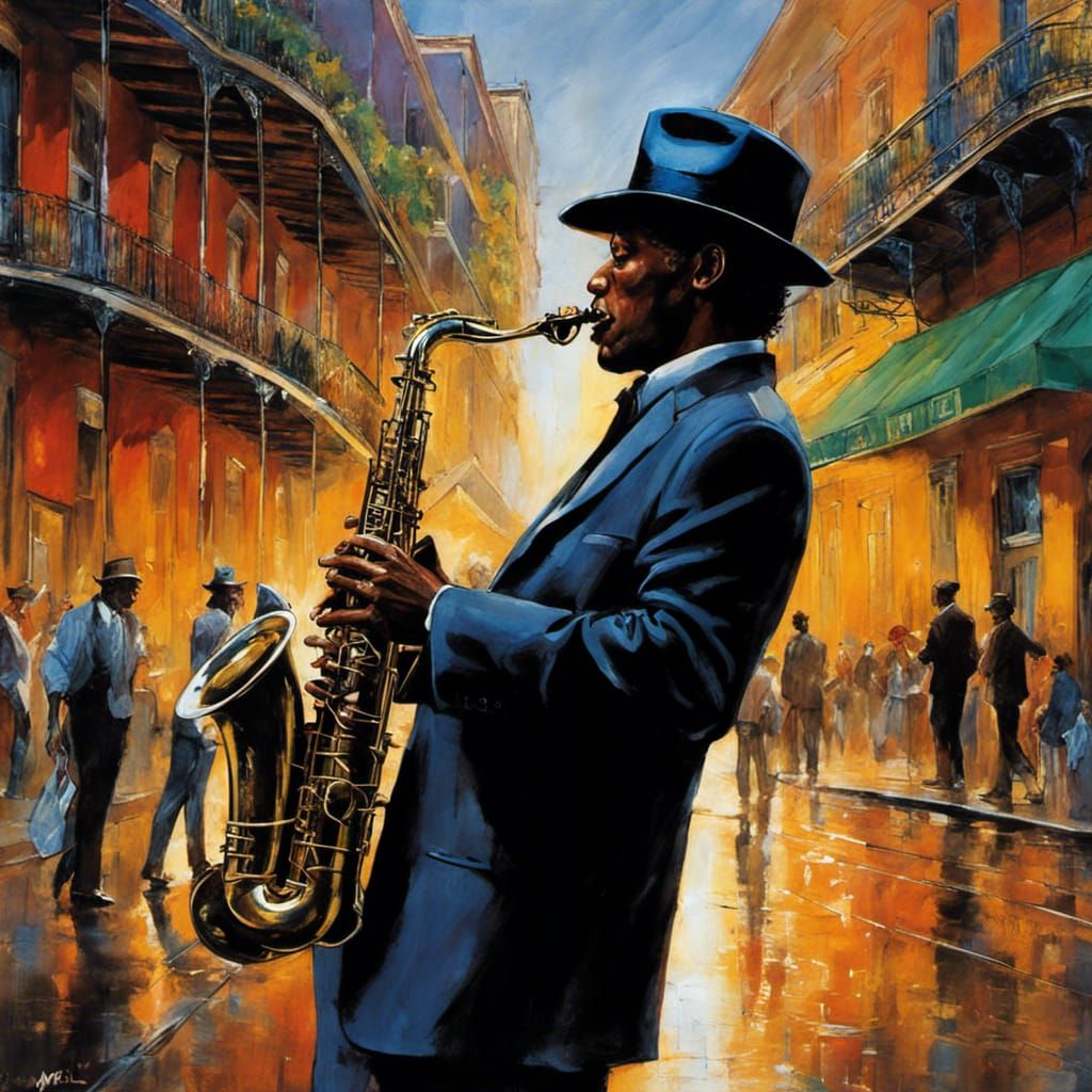 Saxophone Player in New Orleans: Hyperrealistic Street Scene