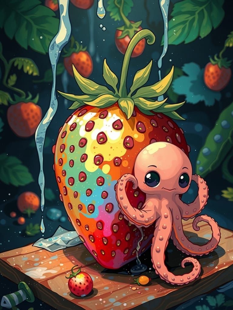 Whimsical Octopus Cradles Rainbow Strawberry Treasure