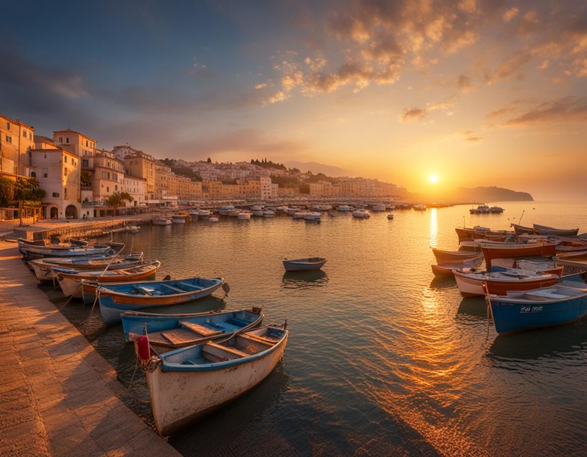 Mediterranean Village Sunrise: Hyperrealistic Coastal Scene