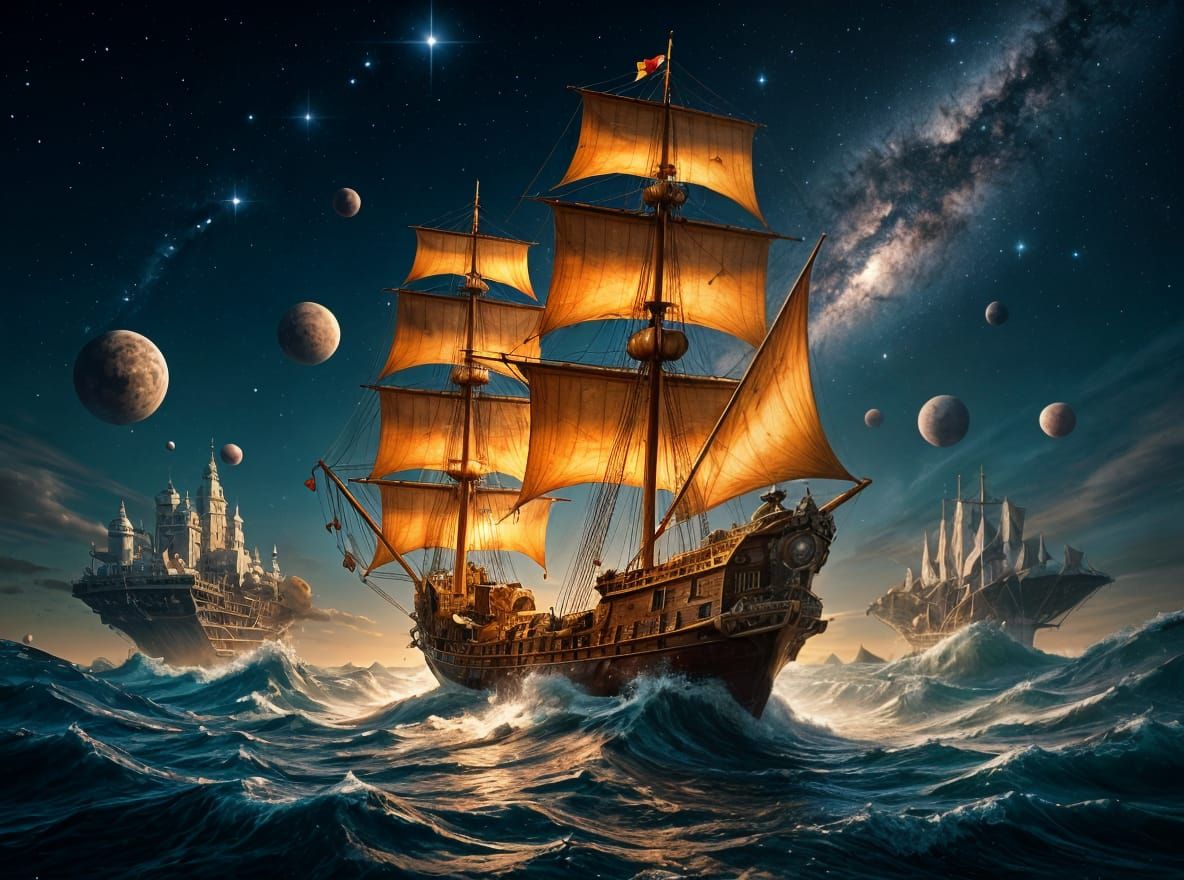 Spanish Galleon on Stardust Wave in Alien Dreamscape