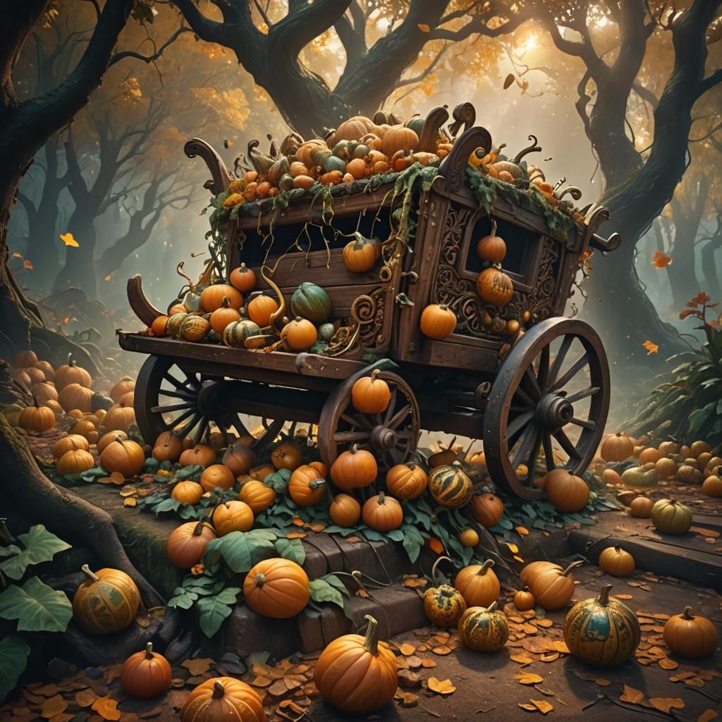 Mystical Forest: Gourds Spill from Ornate Cart