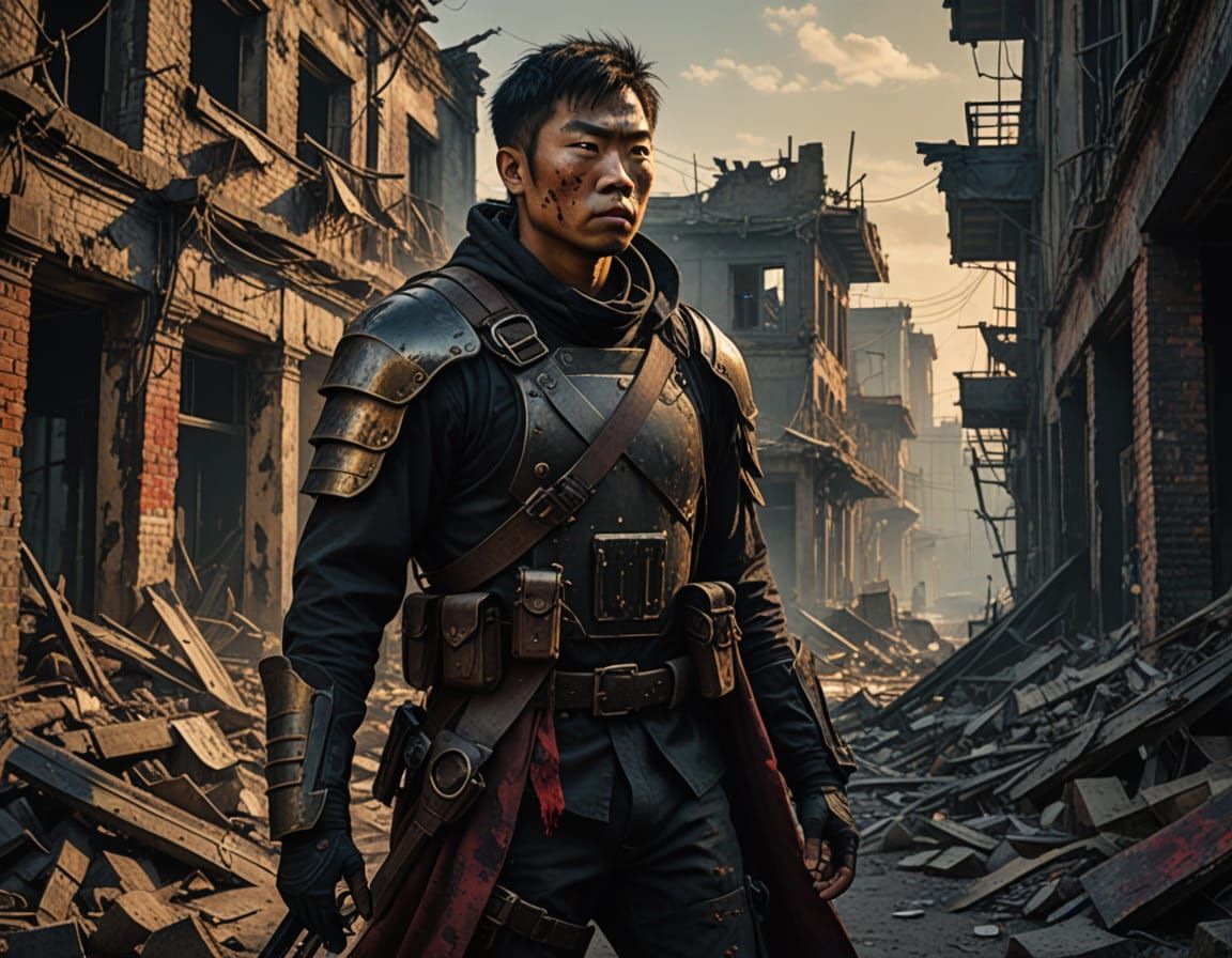 Post-Apocalyptic Asian Man in Urban Ruins