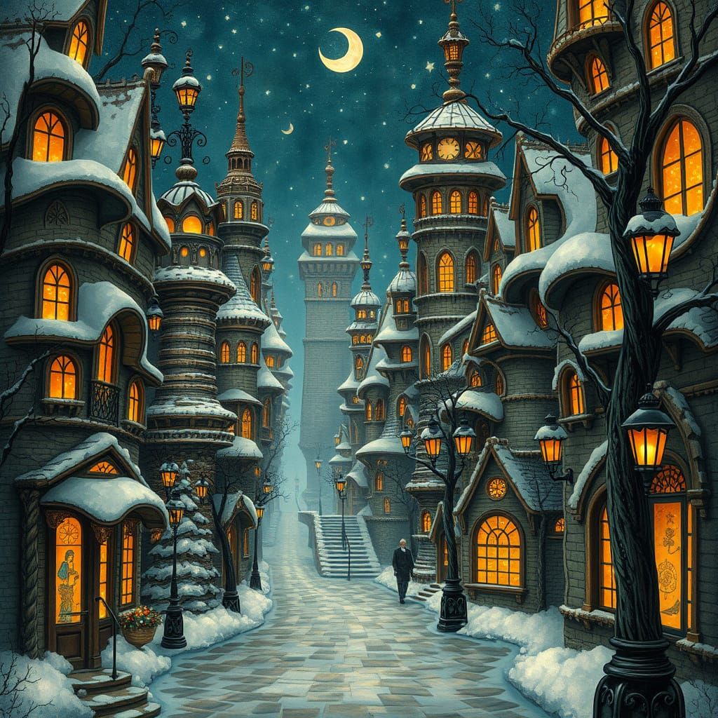 Whimsical Winter City in Gothic Fantasy Style