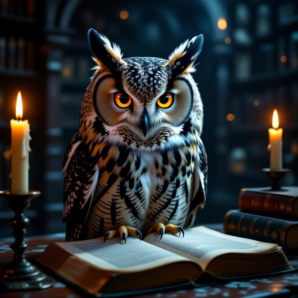 Wise Owl Storyteller in Mystical Library