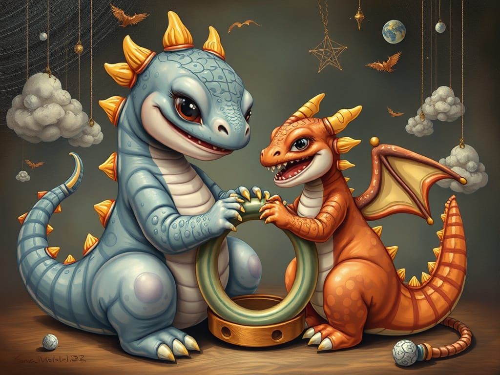 Adorable Monster Siblings Play Ring Stacking in Whimsical Oi...