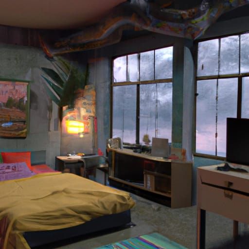 90s Bedroom in Rain: Detailed Matte Painting