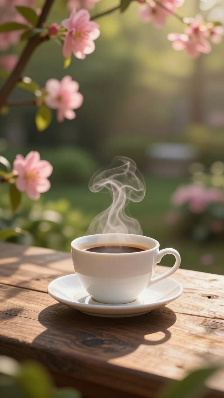 Steaming Coffee in Tranquil Garden Morning Sunlight