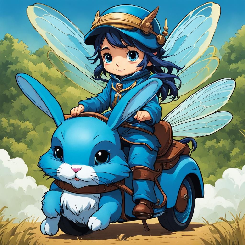 Blue Chibi Fairy Riding a Fluffy Rabbit