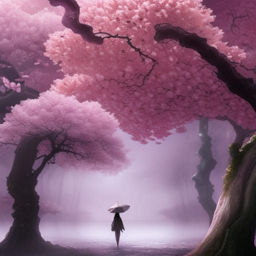Sakura Trees and Kimono Figure in Digital Painting