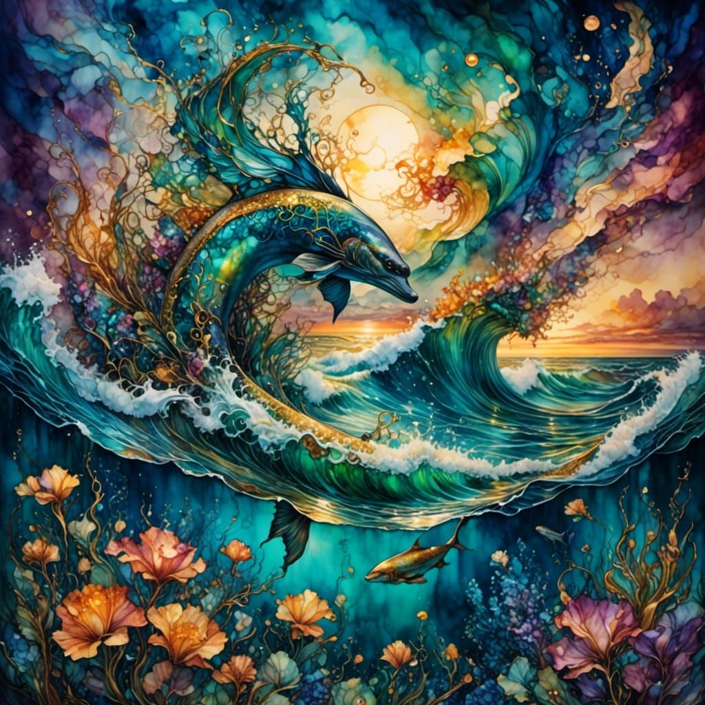 Fantasy Ocean Swim at Sunset with Ink Flowers