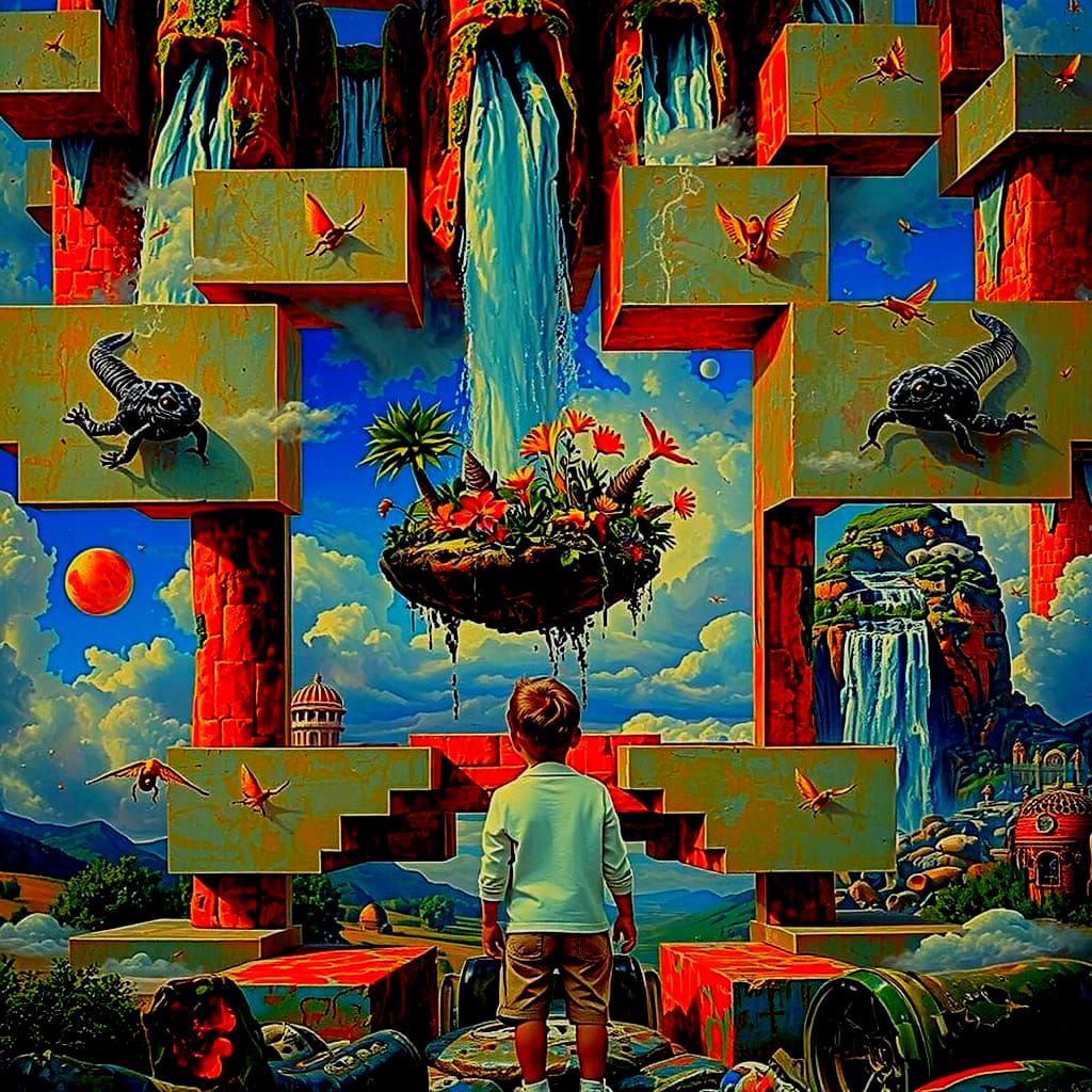 Child Glimpses Floating Islands in Surreal Portal World